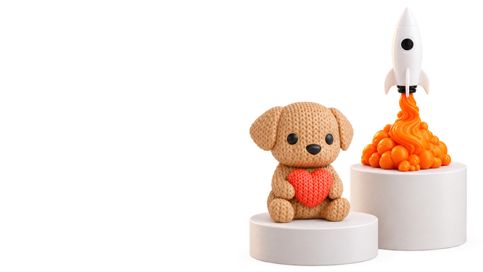 A knit-look 3D printed dog holding a heart and a 3D printed rocket with an orange flame, each displayed on a white podium